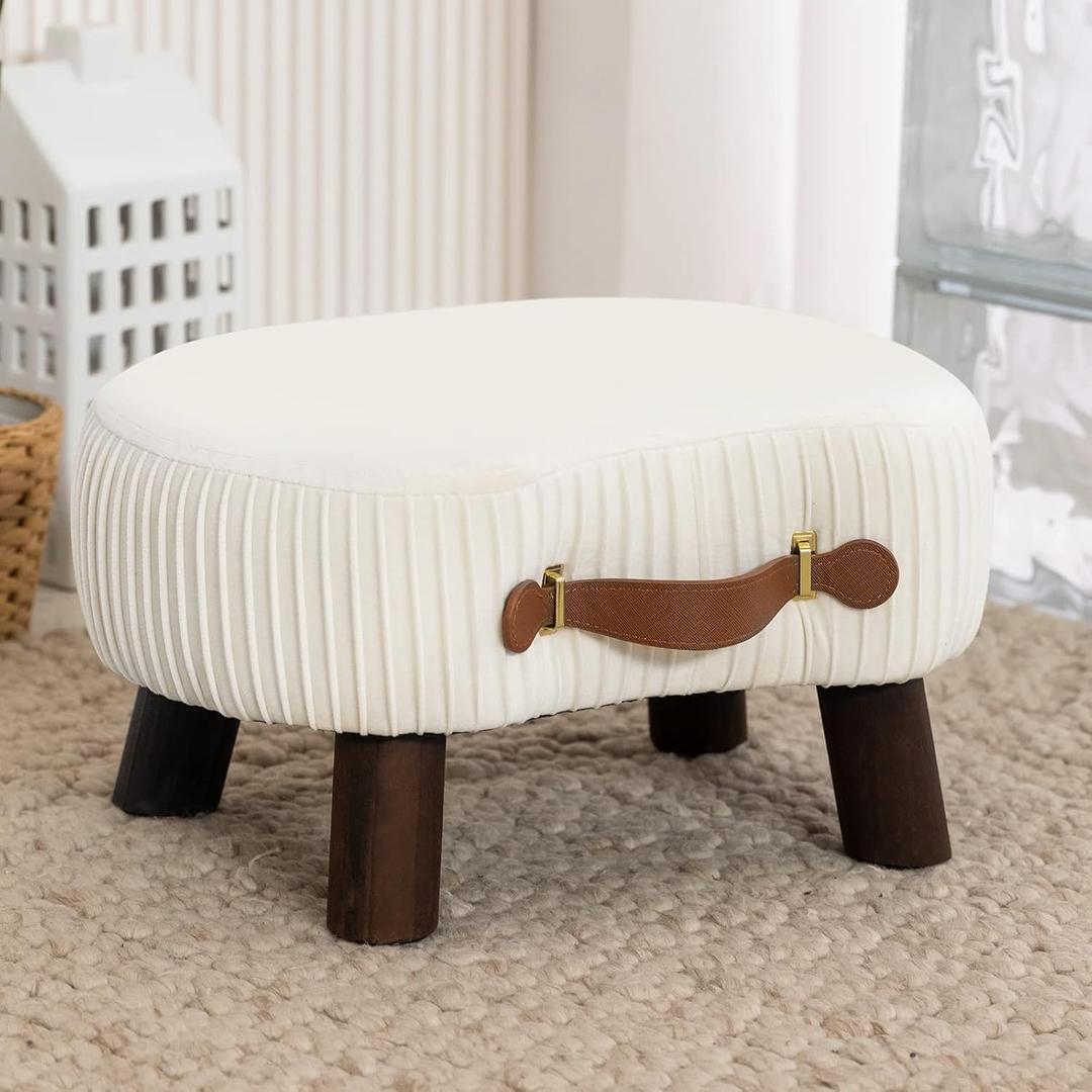 LUE BONA Small Curved Foot Stool with Handle, Beige Velvet Footstool and Ottomans, Modern Foot Rest with Wooden Legs, Step Stool with Padded Seat for Couch, Living Room