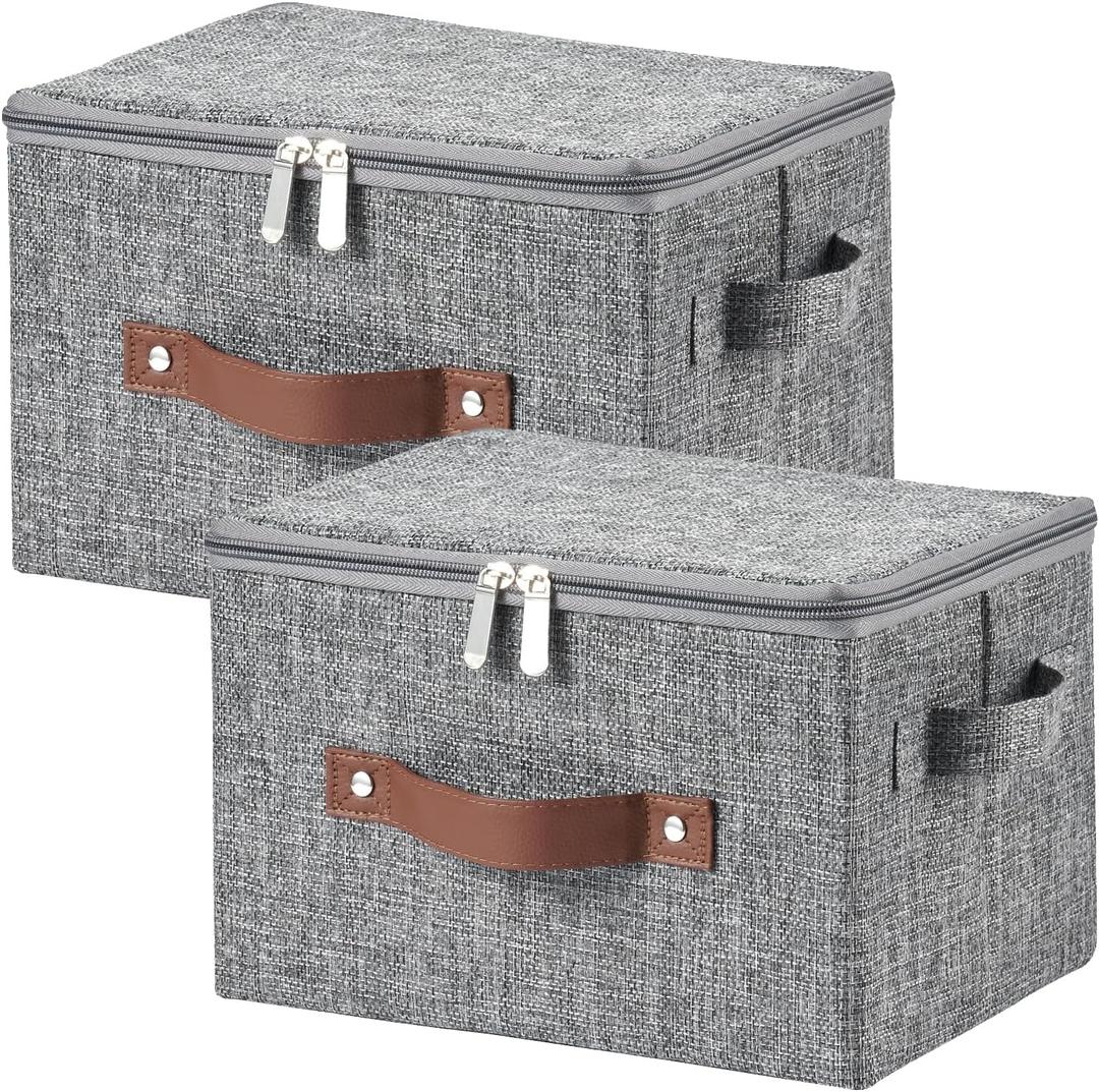 2 x 2 Pack Storage Bins with Zipper Lid Cotton Linen Fabric Lidded Storage Baskets Boxes Foldable Washable Closet Shelf Clothes Organizer Container with PU Leather Handles (Gray, Small Size)