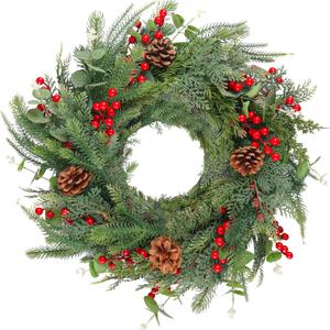 Christmas Wreath for Front Door, 22 Inch Artificial Winter Door Wreath, Xmas Green Norfolk Pine Wreath for Home Wall Window Porch Front Door Modern Farmhouse Christmas Decor