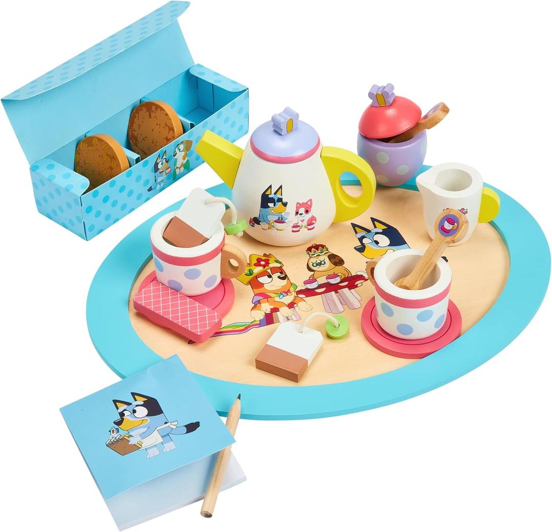 Bluey Wooden Tea Party Set  18 PC Pretend Play Set with Tray, Teapot, Tea Cups, Biscuits, Sugar Pot, Notepad & Pencil- Durable, Eco-Friendly FSC Certified Wood  Imaginative Role Play Toy for Kids 3+