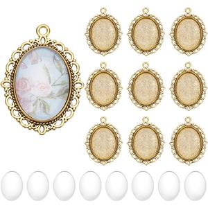 PH PandaHall 60pcs Gold Pendant Trays Kit, 30pcs Oval Blank Bezel Pendant Trays Base, 30pcs 25x18mm Glass Cabochon Dome Tiles for Bridal Wedding Bouquet Graduation Photo Charm Making DIY