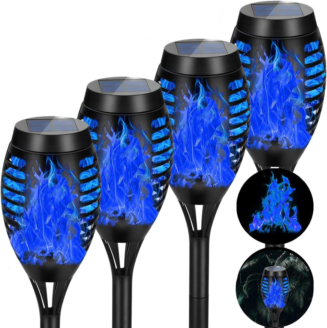 4 Pack Solar Torch Lights Outdoor Waterproof - Blue Flickering Flame, Outdoor Solar Garden Lights for Yard, Tiki Torches for Outside Patio Pathway Decorations