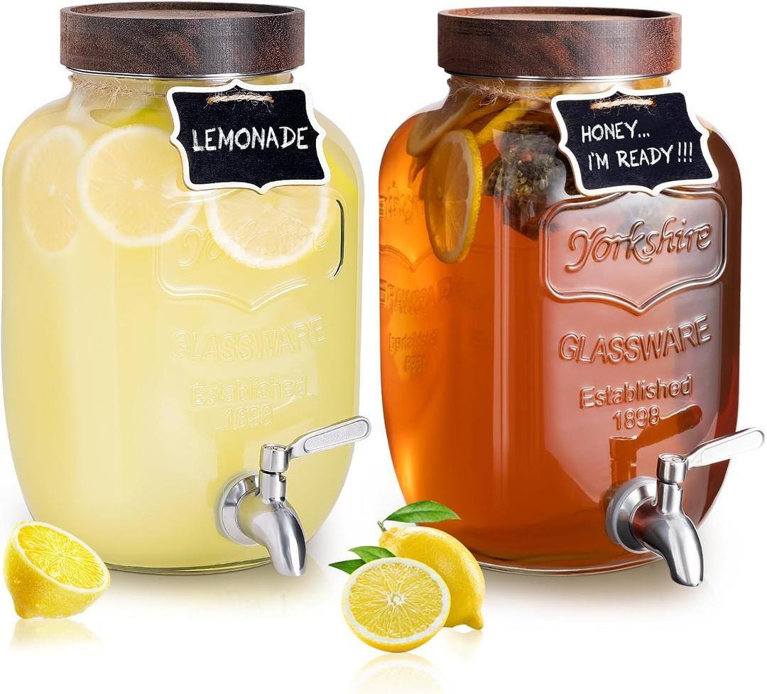 Mustry Glass Drink Dispenser for Parties, 1 Gallon Beverage Dispenser with Spigot Solid Stainless Steel, Used as Lemonade Dispenser Sun Tea Jar Kombucha Jar, Set of 2 (Double)