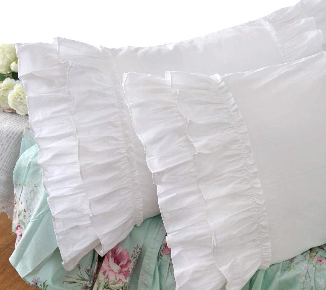 White Ruffle Pillow Shams Cotton Shabby Pillowcases Feminine Pillow Cover Standard Size Set of 2