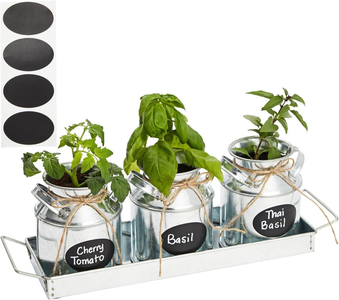 Set of 3 Galvanized Metal Window Herb Planters for Indoor Plants, Farmhouse Flowers Pots with Tray (4" D x 14" W x 5" H)