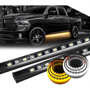 70 inch Truck LED Running Board Light Strip Sequential Amber Turn Signal DRL and White Courtesy Light 432 LEDs Waterproof Flexible Turn Signal Light Bar for Pickup Trucks Cars, Pack of 2