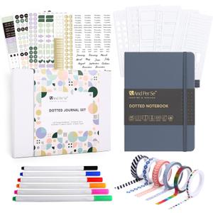 &And Per Se Dotted Journal Kit, A5 Hardcover Dot Grid Journal Notebook Set for Beginners with Journaling Supplies Stencils, Stickers, Washi Tapes & Colored Pens Accessories (Dark Blue)
