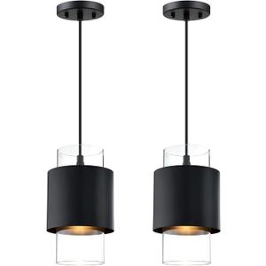 1 Light Hanging Indoor Kitchen Island Pendant Light 6" Drum Glass Shade Pendant Ceiling Light Fixtures Modern Farmhouse Dinning Over Sink (Black Finish, 2 Pack) Gold