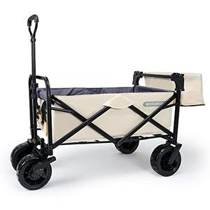 WHITSUNDAY Collapsible Folding Garden Outdoor Park Utility Wagon Picnic Camping Cart with Bearing and Brake 8" All Terrain Wheels with Rear Storage (Beige)