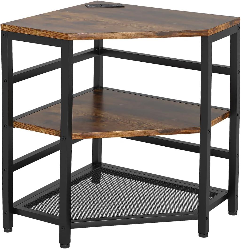 Corner Printer Stand with Charging Station and LED Lights, 3-Tier Corner Printer Stand Table, Triangle Corner Table for Small Space Office Living RoomCorner tv StandRustic Brown, Retro