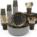 Black and Gold Party Supplies - 350 PCS Disposable Dinnerware Set - Black Paper Plates Napkins Cups, Gold Plastic Forks Knives Spoon for Halloween, Graduation, Birthday, Cocktail Party