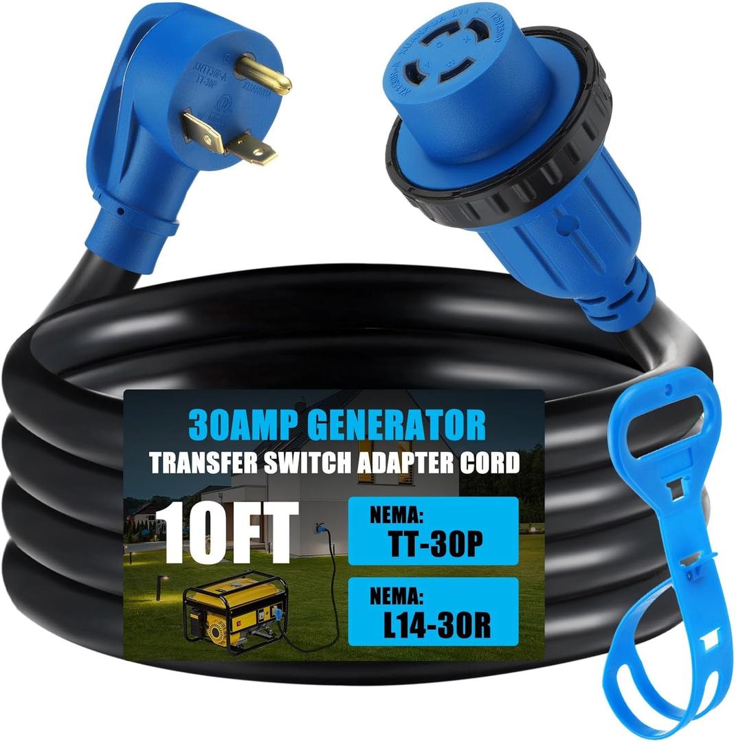 Tellegloww 10 ft TT-30P to L14-30R Generator Transfer Switch Adapter Cord, 30 Amp TT-30P Male to L14-30R Female with Locking Ring Generator to House Inlet Box Adapter, STW 10 AWG, ETL Listed