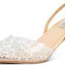 Clear Slingback Heels for Women,Pearl Kitten Heels Sparkly Rhinestone Sandals Pointy Toe Wedding Dress Shoes (8, Apricot)
