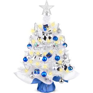 HOMDAILY Small White Christmas Tree with Lights, 24 Inch Artificial Mini Tabletop Christmas Tree Decorations with Star Tree Topper, Balls Ornaments, Gift Pack, 30 Pcs Little Xmas Trees for Kids Room