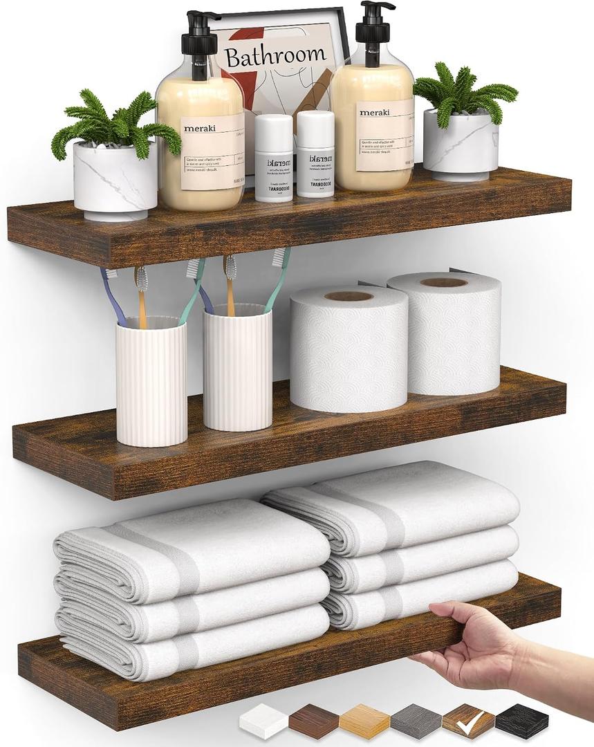 BAYKA Bathroom Floating Shelves for Wall Set of 3 - Rustic Brown Farmhouse Wood Shelves Over Toilet for Bedroom, Kitchen, or Living Room Decor Display, Storage for Plants, Toilet Paper or Bath Towels, Size: 15.7inches