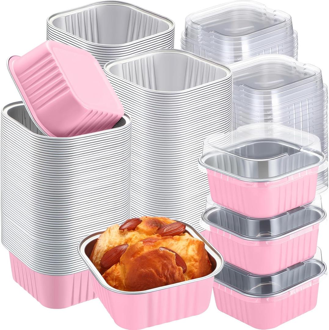200 Pack 5 oz Mini Cake Pans with Lid, Aluminum Foil Mini Baking Tins, Square Disposable Cupcake Baking Cup Dessert Container for Wedding Birthday Party Picnic(Pink,Classic)
