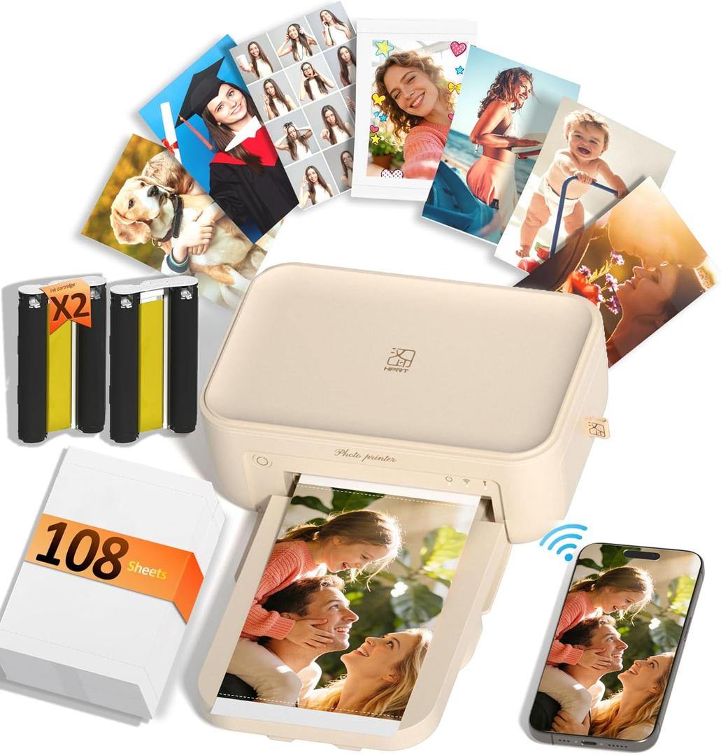 HPRT CP4100 4x6 Photo Printer with 108 Sheets & 2 Ribbons, Full-Color Thermal Dye Sublimation Wi-Fi Printing, Portable Instant Picture Printer for iPhone/Android, AR Video, Fun App, Home Use, Beige