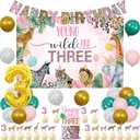 Young Wild and Three Decorations, Safari 3rd Birthday Decorations for Girl, Backdrop Happy Birthday Banner Cupcake Cake Toppers Cheetah Number 3 Foil Balloon for Jungle 3 Year Old Birthday