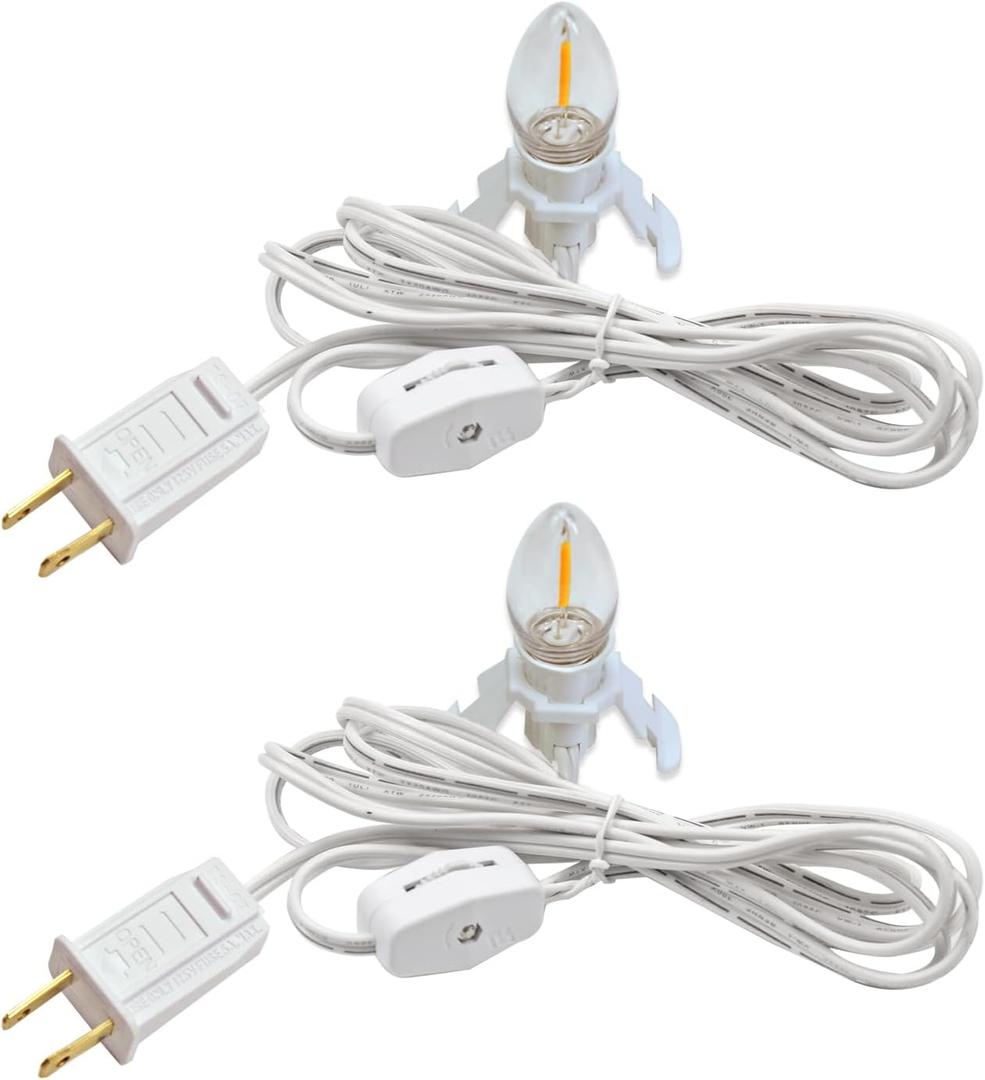 2 Pack Accessory Cord with 2 C7 Led Light Bulb Candelabra-Base E12 Socket White Cord with On/Off Switch Plugs for Holiday Decorations Christmas Village House