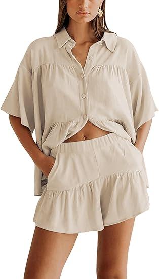 Qiaomai Womens 2 Piece Outfits Summer Ruffled Shirt and High Waist Shorts Matching Set M Beige