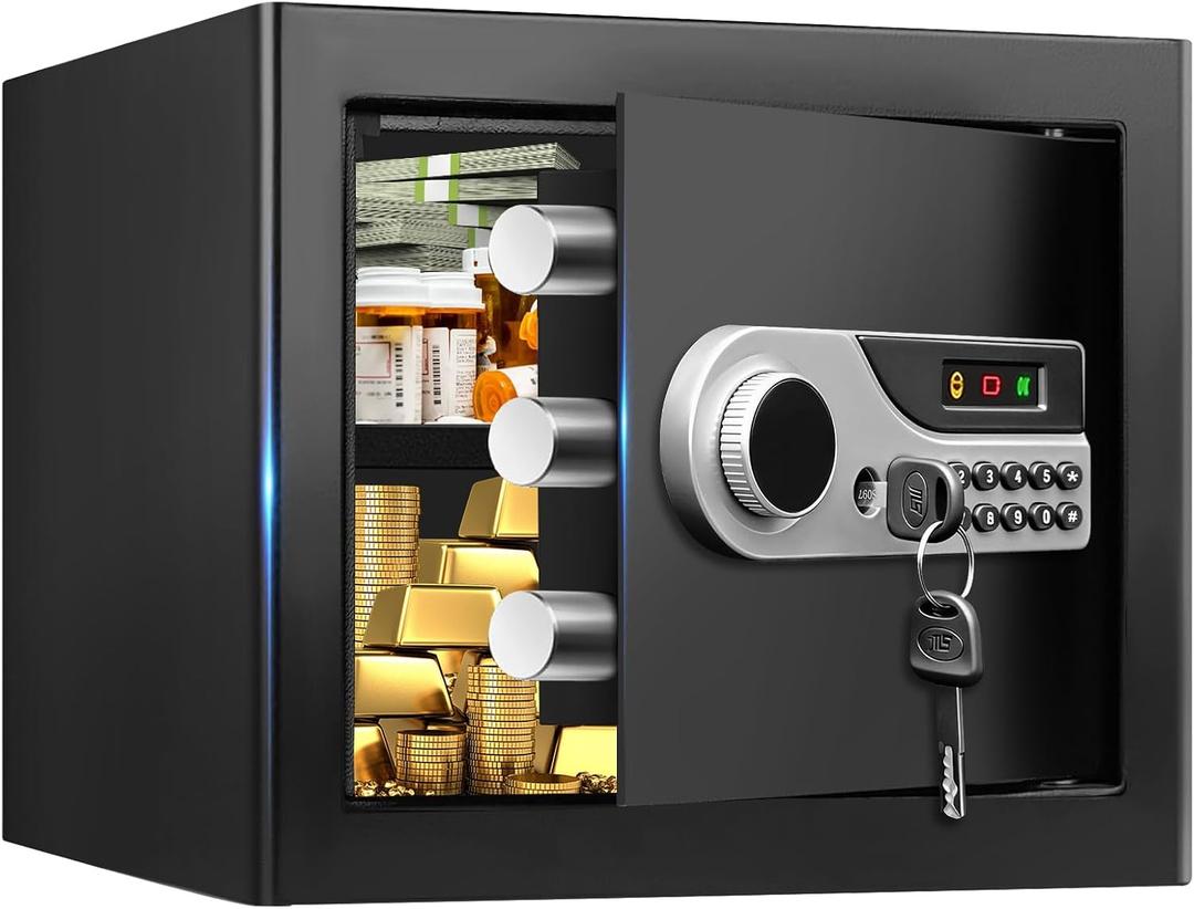 1.3 Cuft Small Home Safes Water and Fireproof, Digital Security Safe Box with Programmable Keypad and Key Lock, Anti-Theft Fire Safe Document Box for Home Money Medicine Valuables