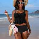 Edelqual Women's Tankini Swimsuits Two Piece Tummy Control Flowy Bathing Suit Tie Swim Top High Waist Bottom Swimwear (Black, L)