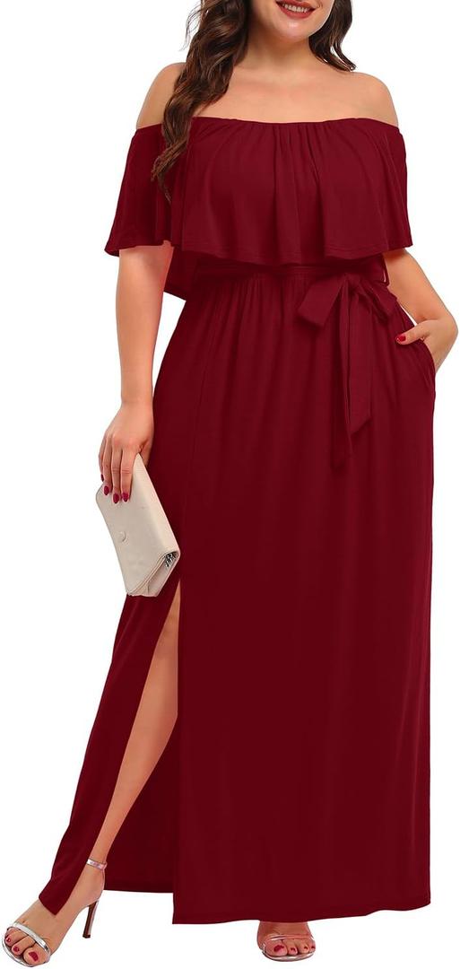 Plus Size Off The Shoulder Maxi Long Casual Beach Dress Pockets Women (Burgundy)