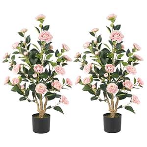 Artificial Camellia Tree 2 Pack, 36’’ Faux Camellia Plant in Pot with Pink Flowers, Greenery Potted Plant for Indoor Outdoor Office Home Porch Decor, Pink