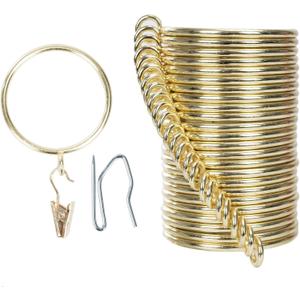 Curtain-Clip Rings with Hooks Drapery-Decorative - 1.25 Inch Inside Diameter Included Pin Hooks and Clips Designed to Effortlessly Hold Up 2 Standard Curtains 24Pcs Gold Exselens (1.25 inch Interior Diameter)