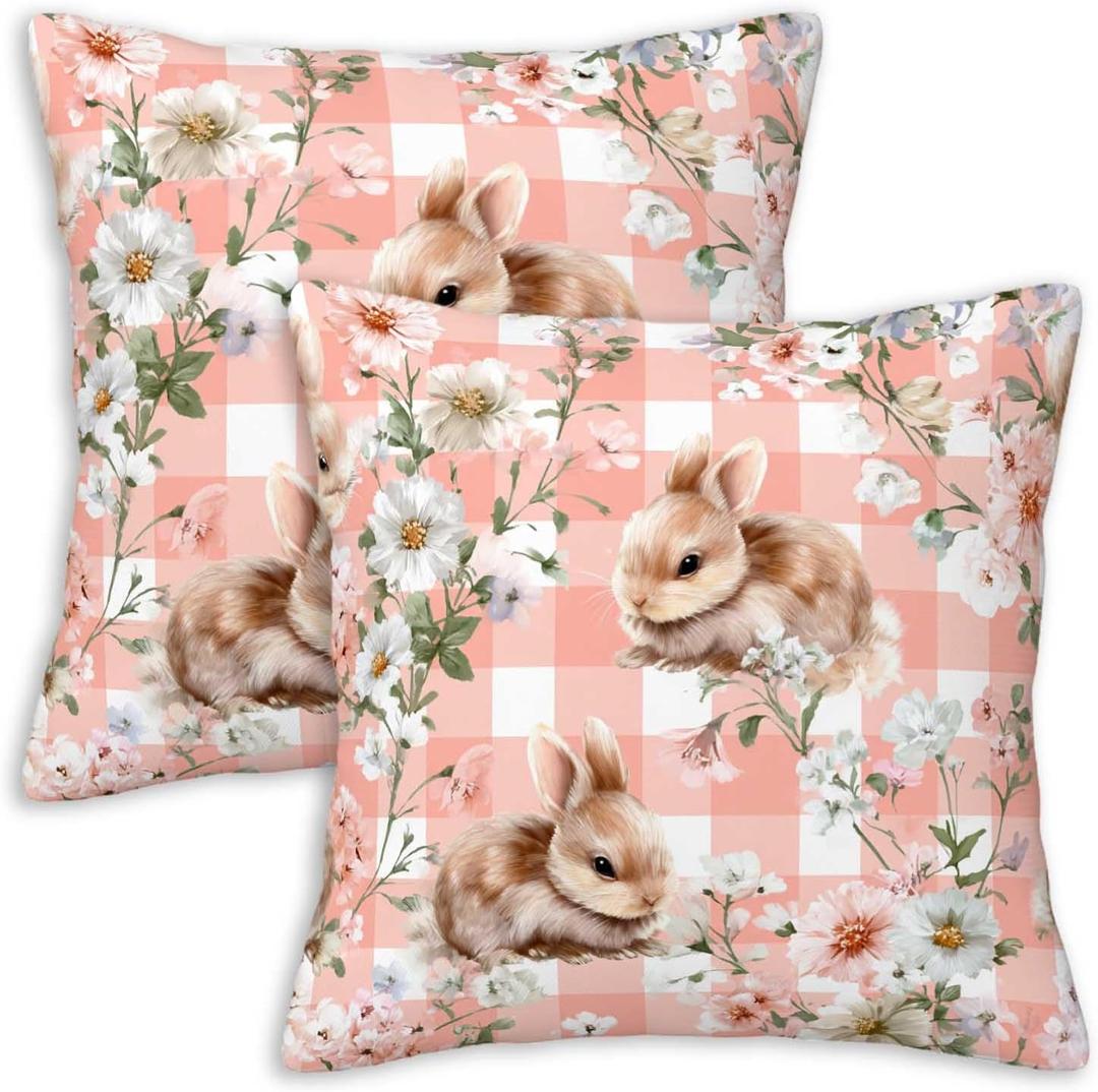 Bunny Throw Pillow Covers 18x18 Set of 2 | Pink Gingham Floral Decorative Cushion Covers | Cottage Rabbit Pillowcases for Couch Sofa Bed Bedroom Living Room