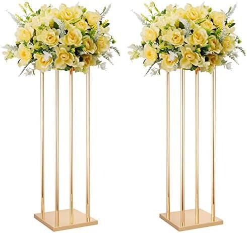2 Pcs Tall Wedding Elegant Metal Flower Centerpieces, Gold Flower Stand Vase Display Column for Wedding Event Reception Table, Wedding Geometric Vases for Party Table, Home Décor