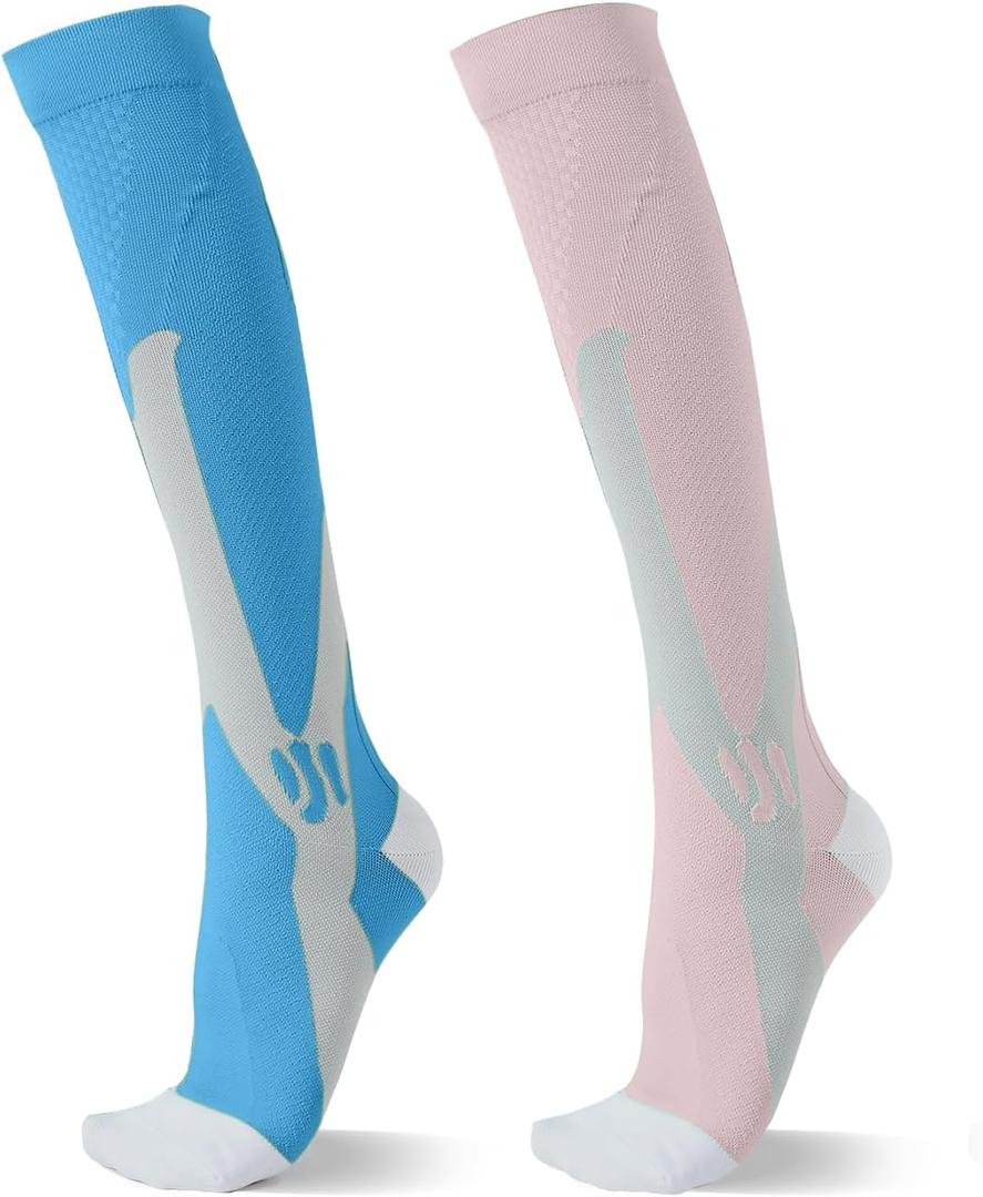 2 pairs of Calf Compression Socks for Women, Knee High Support Circulation Socks for Running, Travel, Flight, Nurse