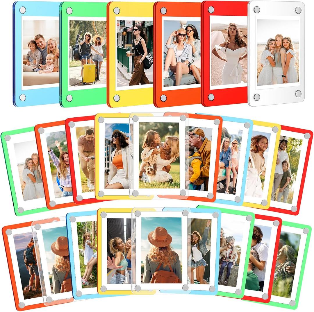 24 Pcs Acrylic Magnetic Picture Frame for Refrigerator, Mini Acrylic Magnetic Picture Frames Bulk, 2.36 x 3.54 Inches Double Sided Clear Fridge Magnets for Instax Mini Photos (6 Colors)