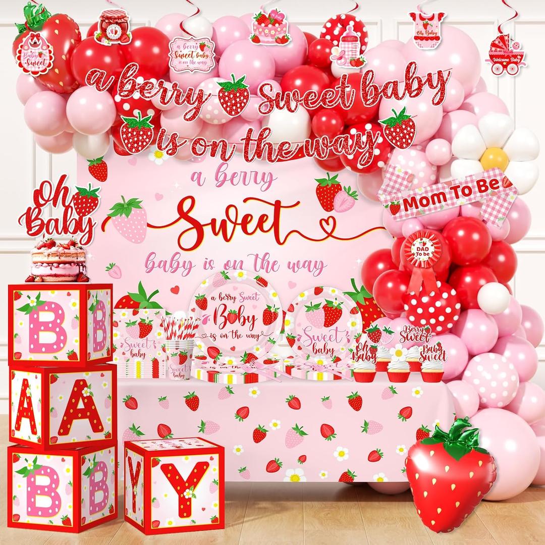 Strawberry Baby Shower Decorations, Berry Sweet Baby Shower Decorations with A Berry Sweet Baby Is On The Way Backdrop Cake Topper Strawberry Plates Balloon Arch Box for Baby Girl