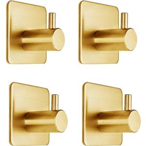 Gold Adhesive Hooks 15LB (Max), Non Tarnish Sticky Hooks for Hanging Towels, Coat, Backpack, Purse, Hat, Key, Self-Adhesive Towel Holder for Shower Closet Bathroom-4 Packs