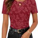 MEROKEETY Womens Summer Short Sleeve Floral Fitted Blouse Top Dressy Casual | 2026, Jacquard, Flocked Mesh, Lined, Crew Neck, Ruched, Cinched Waist, Lace-like, Stretchable, T Shirts, Cute Outfit Clothes, Small