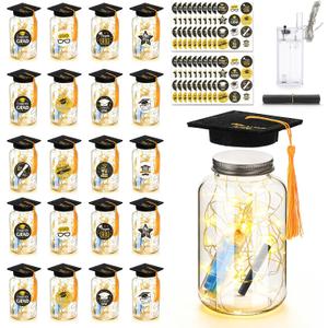 20 Sets 2026 Graduation Table Decoration with LED Lights, Mason Jar Graduation Centerpieces for Tables with Class of 2026 Felt Cap, Paper Roll, Stickers, College High School Grad Party Gifts(Black)
