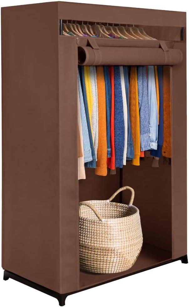 HOLDN STORAGE Portable Wardrobe Closet - Premium Metal Hanging Rod with Beige Cover- 65 Lb. Weight Capacity- Super Easy Assembly, No Tools Required (Brown) (Medium)