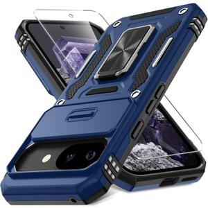 DEERLAMN Case for Google Pixel 9A with Slide Camera Cover+Screen Protector (1 Pack), Rotated Ring Kickstand Military Grade Shockproof Protective Cover-Navy Blue
