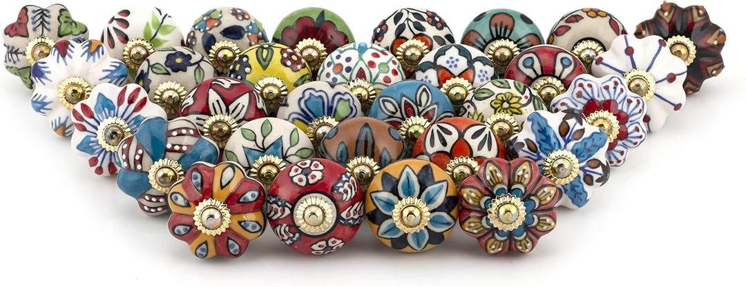 Craft Trade Cabinet Knobs for Dresser Drawers Decorative Assorted Colorful Ceramic Pull Handle for Kitchen Cupboard Wardrobe Furniture Hardware Multicolor - Pack of 30