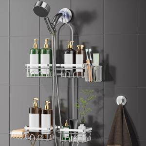 Shower Caddy Hanging - Over Shower Head Caddy, 0.82 inch Universal with 2 Shelves, Soap Holder, Toothbrush Holder & Reusable Suction Hook, Complete Silver Bath Organizer Set