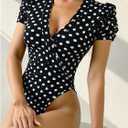 SHENHE Women's Polka Dots Wrap V Neck Body Suits Tops Puff Short Sleeve Date Night Elegant Bodysuits (M)