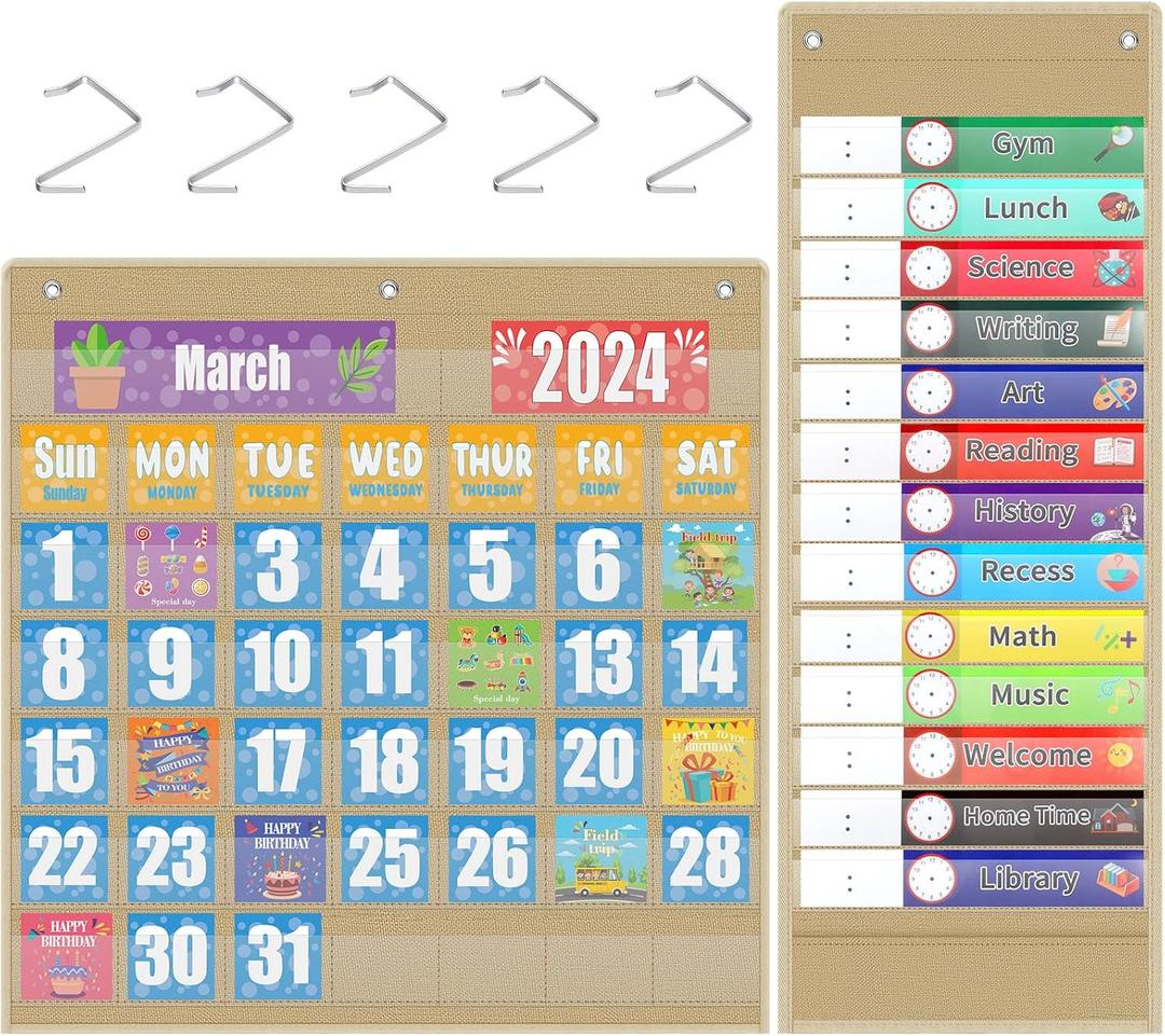 Ctosree 2 Pcs Classroom Monthly Calendar Pocket Chart with 71 Cards, Daily Schedule Pocket Chart with 26 Double Sided Reusable Cards for Student School Supplies Classroom Must Have(Flaxen)