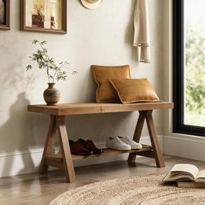 RowyPoey Solid Wood Bench, 39" Farmhouse Entryway Bench with Shoe Storage