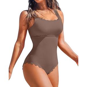 Charmo Womens Scalloped Ribbed One Piece Swimsuits Retro Square Neck Modest Bathing Suits (Medium, Khaki) Charmo Womens Scalloped Ribbed One Piece Swimsuits Retro Square Neck Modest Bathing Suits (Medium, Khaki)