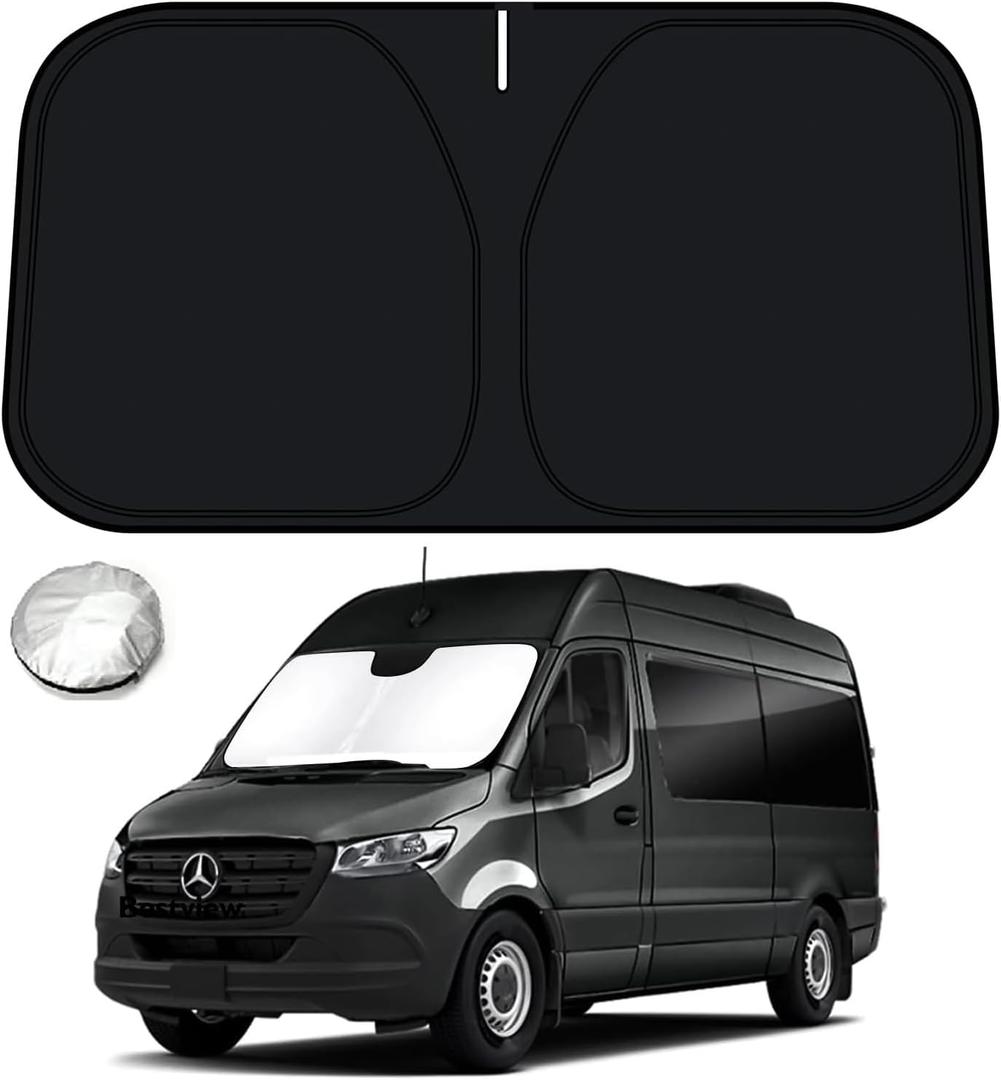 Bestview Windshield Sun Shade for 2007-2024 Mercedes Benz Sprinter, Front Window Sunshade Sun Visor Protector Block UV Rays Heat, Foldable 3 Layers 210T Material