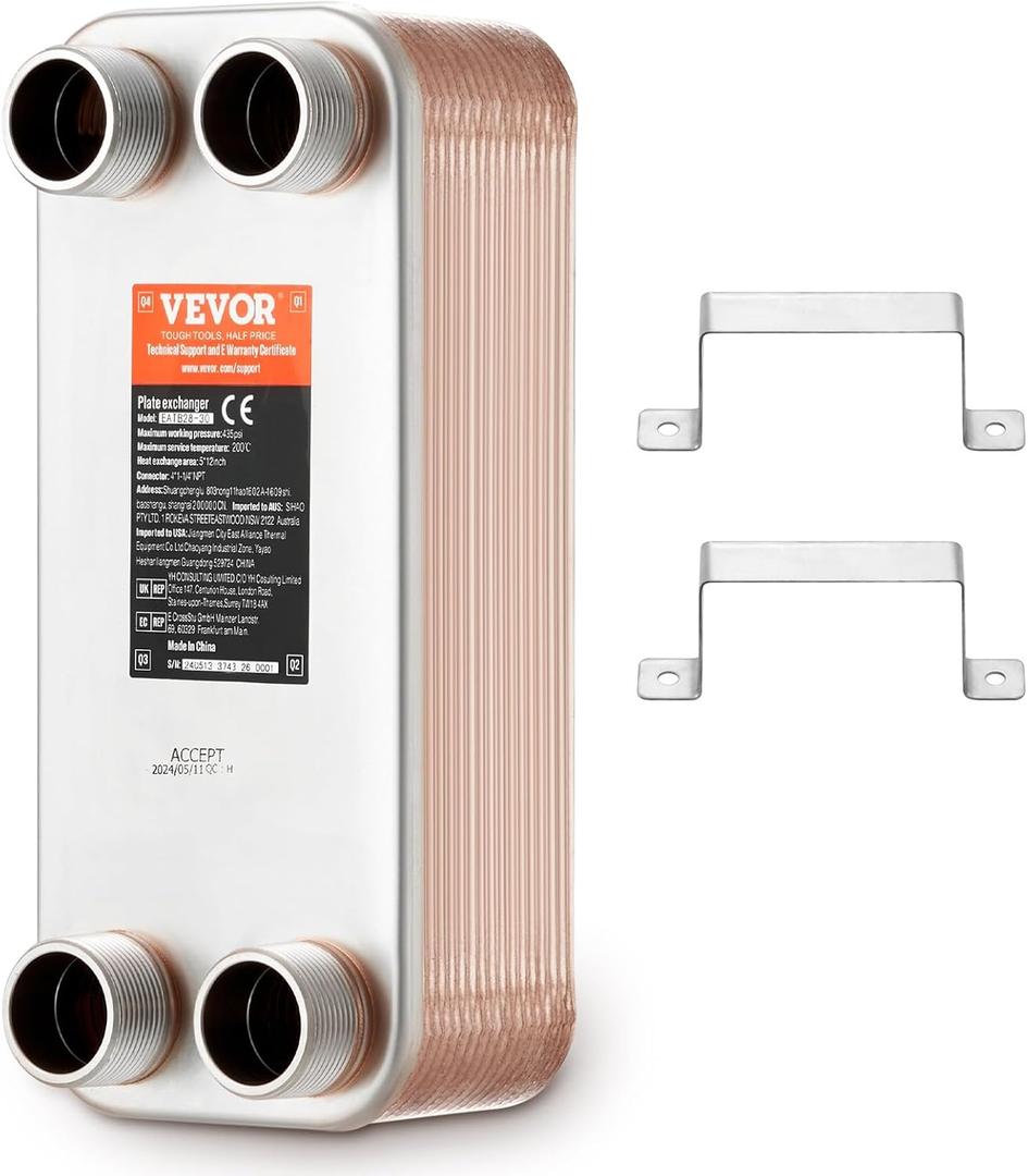 VEVOR EATB28-30 5"x 12" 30 Brazed Plate, Copper/316L Stainless Steel Exchanger for Floor, Water Heating, Snow Melting, Beer Cooling, B08ZDHG8KD
