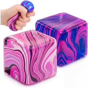 2 x 2 Pcs Stress Cube Bulk Swirl Ice Cube Stress Ball for Adults Anxiety Relief Soft Squeeze Sensory Square Ball for ADHD Prizes Goodie Bag Stuffers Party Favors(Purple, Pink)