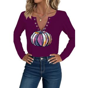 Thanksgiving Shirts for Women Pumpkin Graphic V Neck Long Sleeve Shirts Halloween Fall Pullover Tops Party Tee (Medium, Purple)