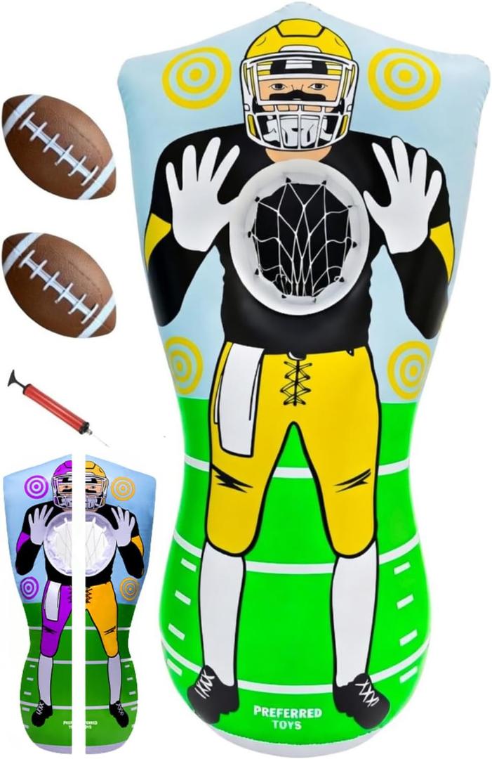 Preferred Toys 65 Inflatable Football Target Net Toss Game - Double-Sided Throwing Practice Football Stuff with Mini Balls - Backyard Tailgate Party Sports Toy for Kids & Adults (Yellow/Purple)